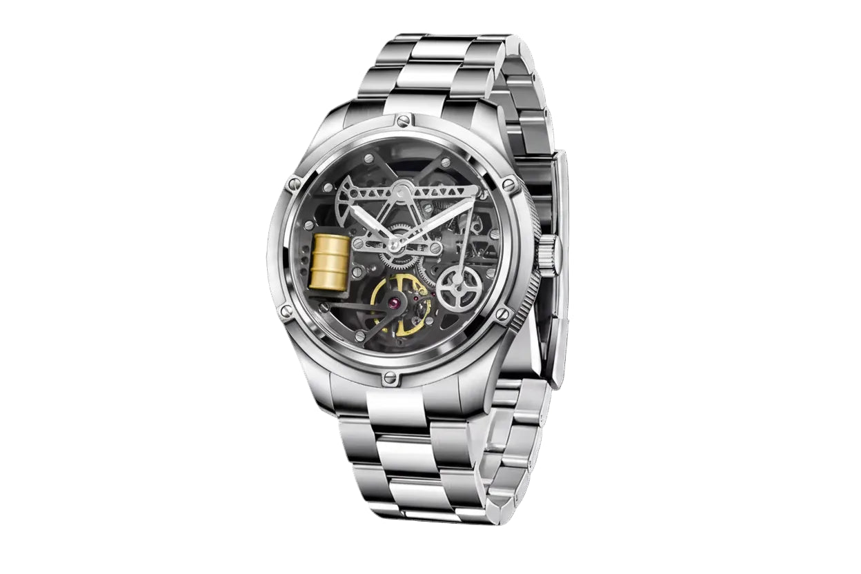 PINDU PD6572 steel skeleton watch on a solid steel link bracelet, three-quarter front angle