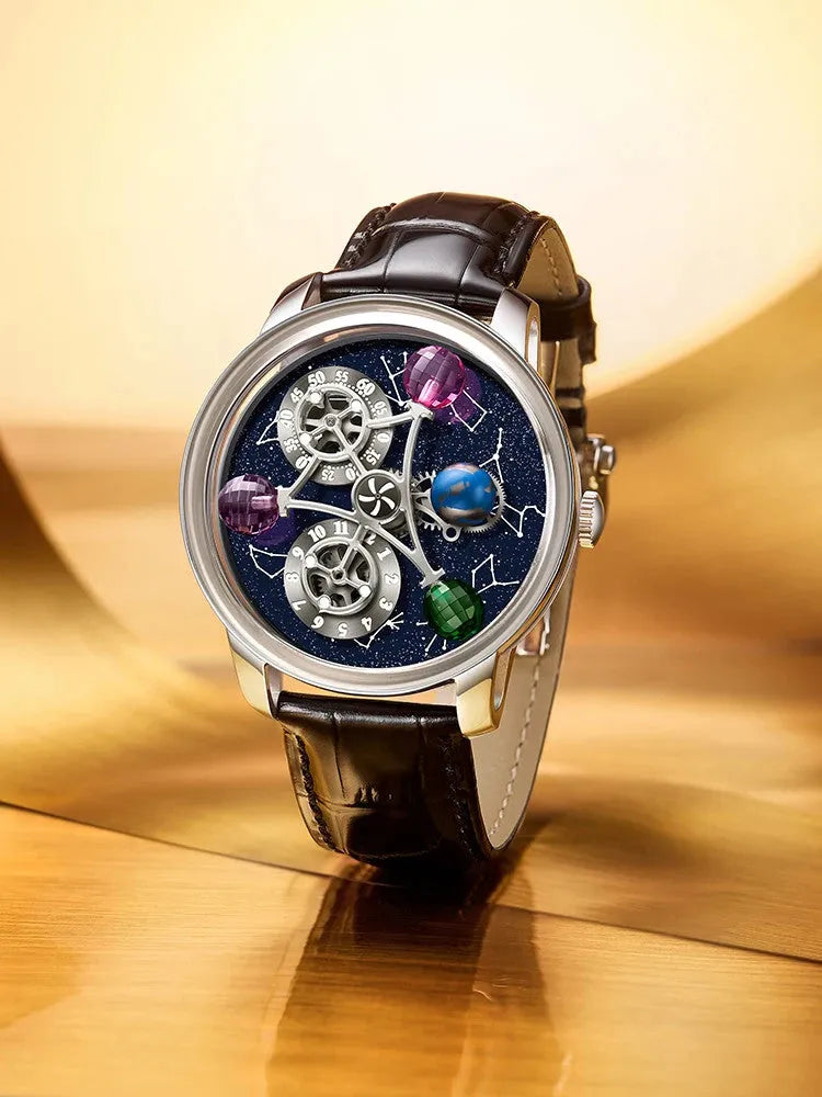 PINDU PD6573 starry constellations mechanical watch with silver case, blue dial and brown leather strap, front view
