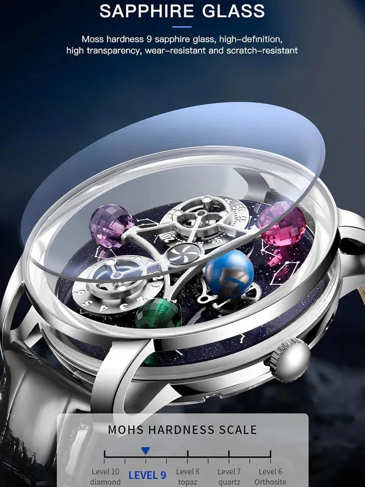 PINDU PD6573 starry constellations watch sapphire glass feature graphic with hardness scale