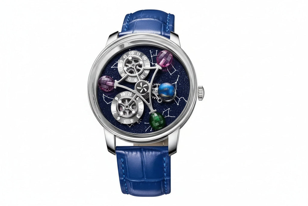 PINDU PD6573 starry twelve constellations watch with blue dial and silver case front view