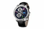 PINDU PD6573 mechanical watch angled view with blue starry dial and black leather strap