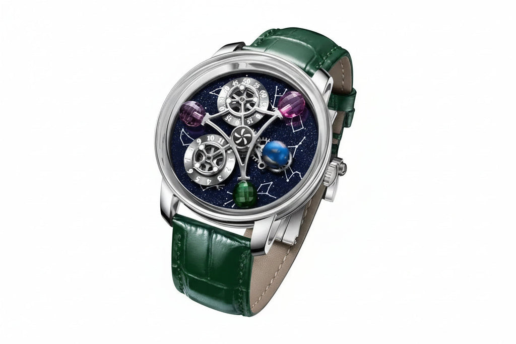PINDU PD6573 mechanical watch angled view with blue starry dial and green leather strap