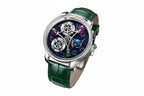 PINDU PD6573 mechanical watch angled view with blue starry dial and green leather strap