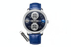 PINDU PD6573 specifications graphic with blue starry dial and blue leather strap parameters