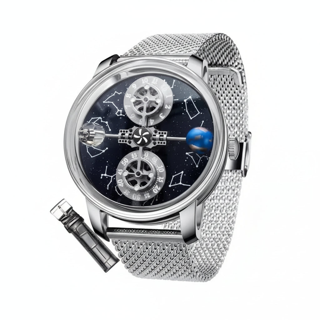 PINDU PD6573 mechanical watch angled view with blue starry dial and silver mesh bracelet