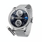 PINDU PD6573 mechanical watch angled view with blue starry dial and silver mesh bracelet