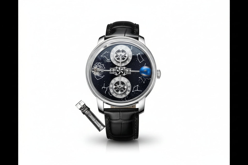 PINDU PD6573 mechanical watch front view with blue starry dial and black leather strap