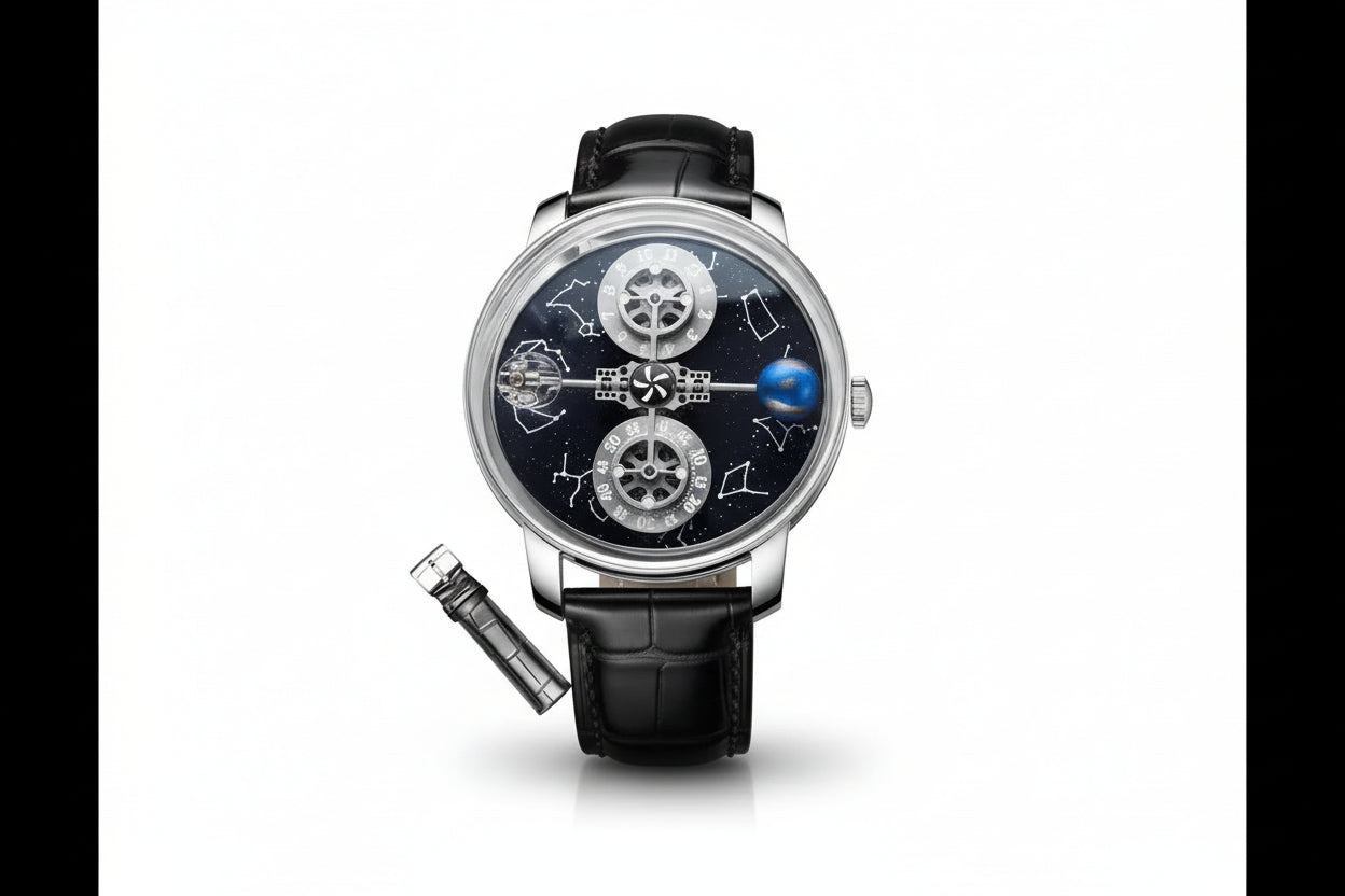 PINDU PD6573 mechanical watch front view with blue starry dial and black leather strap