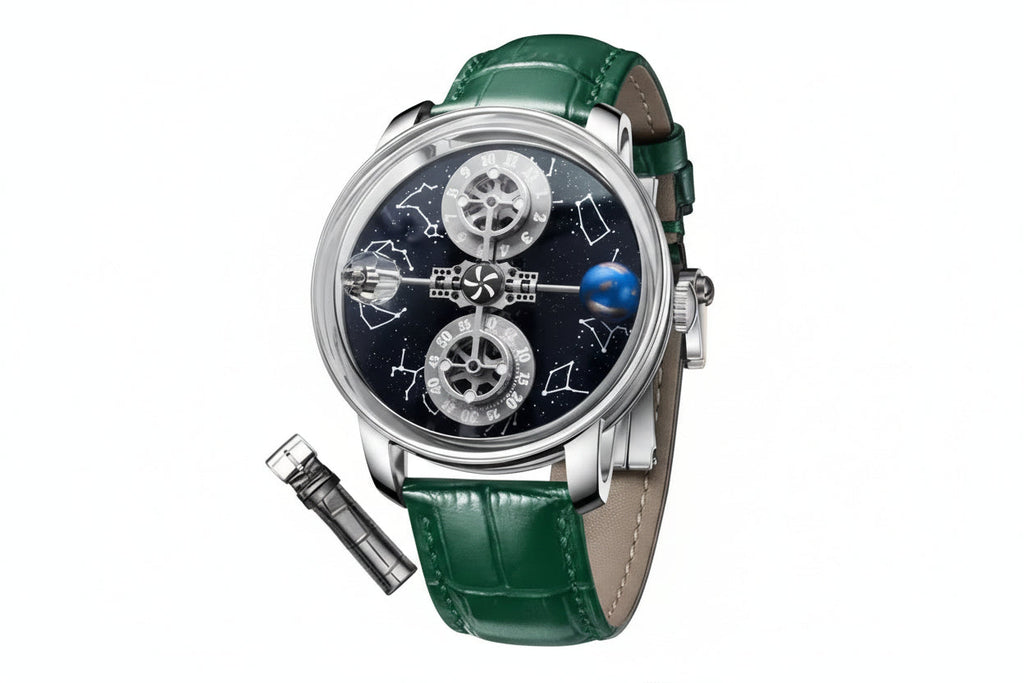 PINDU PD6573 mechanical watch angled view with blue starry dial and green leather strap