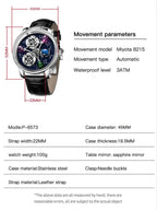 PINDU PD6573 mechanical watch specifications graphic with blue starry constellation dial