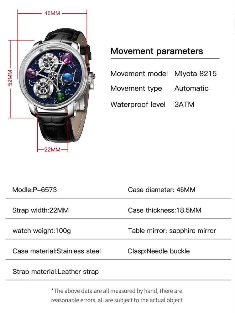 PINDU PD6573 mechanical watch specifications graphic with blue starry constellation dial