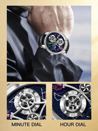 PINDU PD6573 worn on the wrist with close-ups labelling the minute dial and hour dial