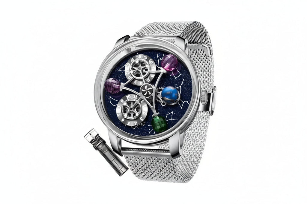 PINDU PD6573 silver mesh bracelet model, studio angle showing purple, pink and green gem planets