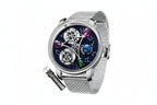 PINDU PD6573 silver mesh bracelet model, studio angle showing purple, pink and green gem planets