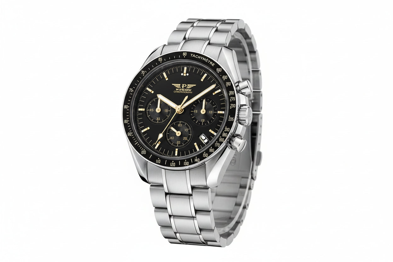 PINDU PD6576 moon chronograph watch black dial front view