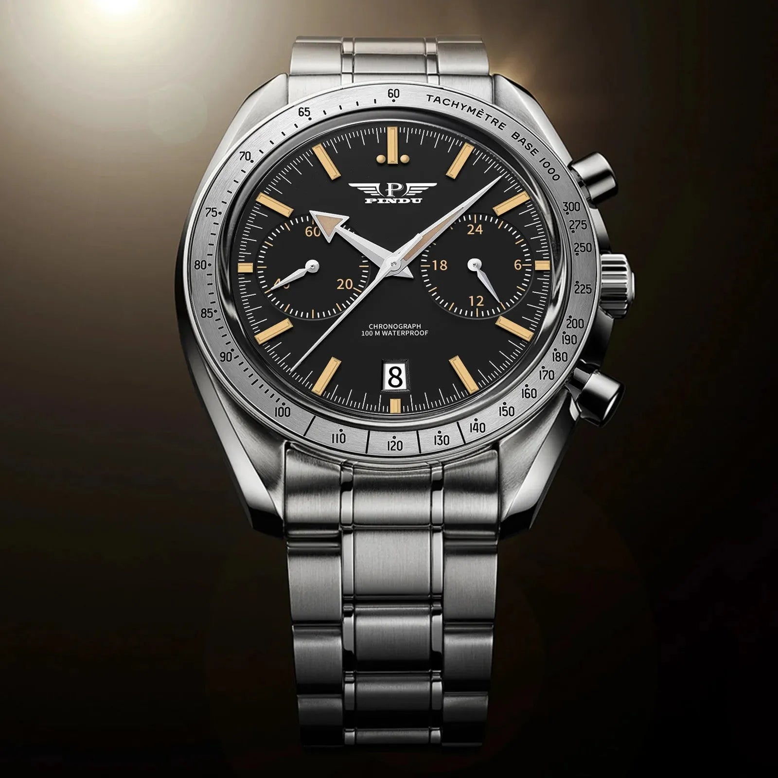 PINDU PD6576 moon chronograph watch silver black silver dial front view