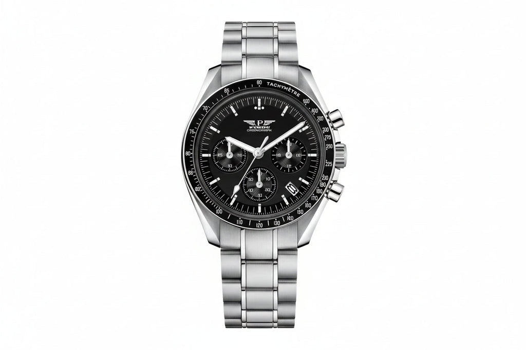 PINDU PD6576 moon chronograph watch silver black silver dial front view