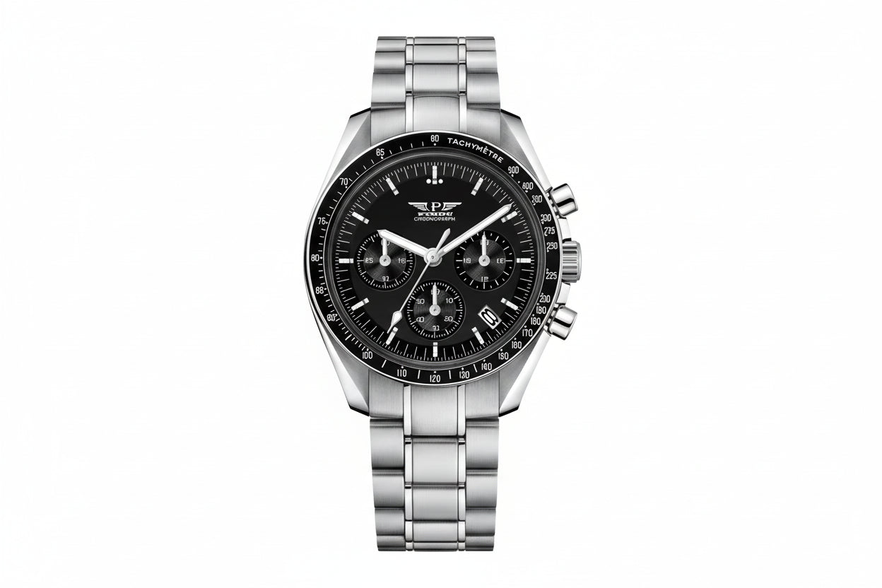 PINDU PD6576 moon chronograph watch silver black silver dial front view