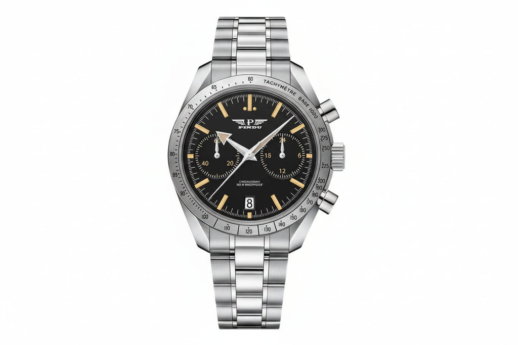 PINDU PD6576 moon chronograph watch black dial front view
