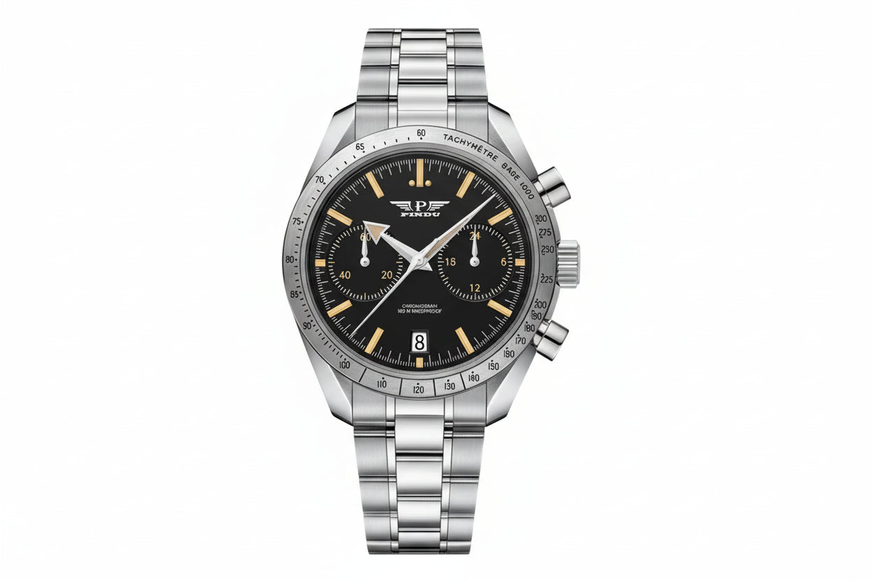 PINDU PD6576 moon chronograph watch black dial front view