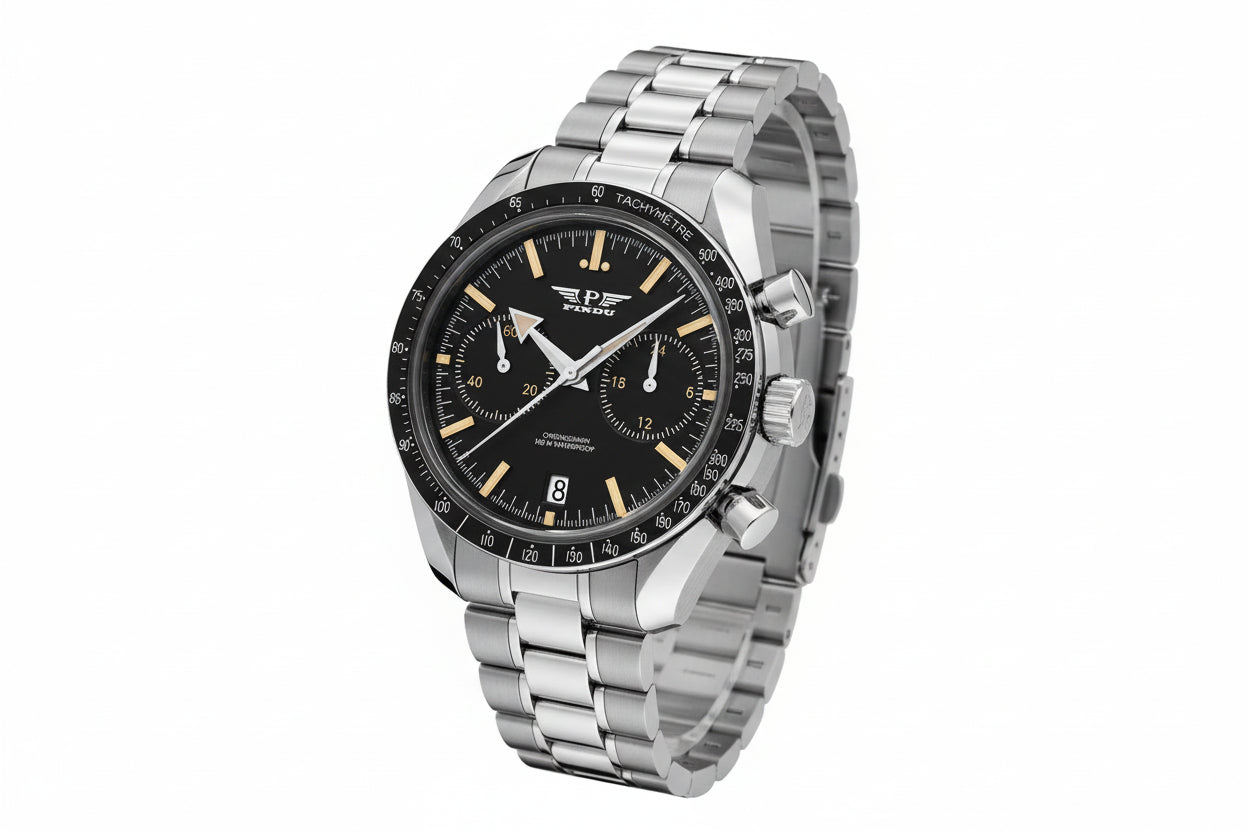 PINDU PD6576 moon chronograph watch black dial front view