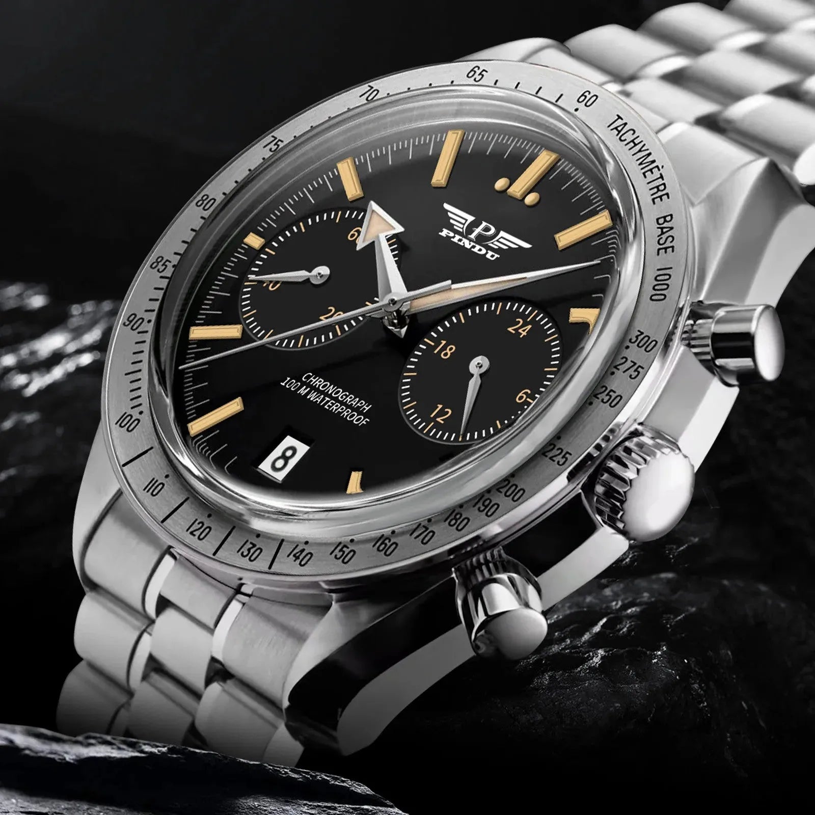 PINDU PD6576 moon chronograph watch silver black silver dial on rocks lifestyle shot