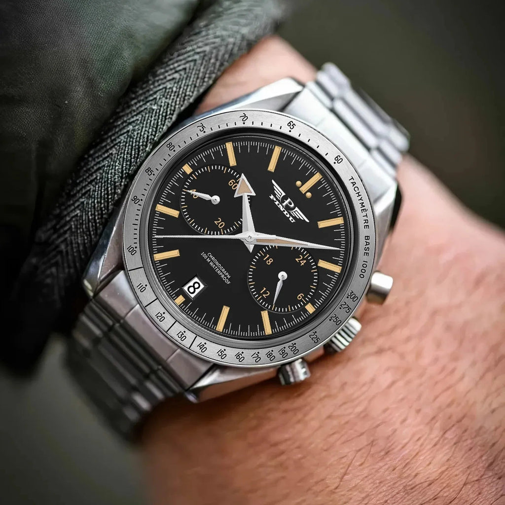 PINDU PD6576 moon chronograph watch silver black silver dial wrist shot
