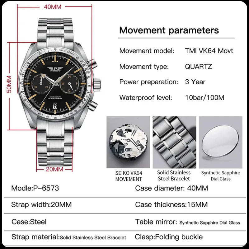 PINDU PD6576 moon chronograph watch silver black dial specifications