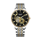 PINDU PD6593 tourbillon chronograph watch black dial with two-tone silver gold bracelet, front view