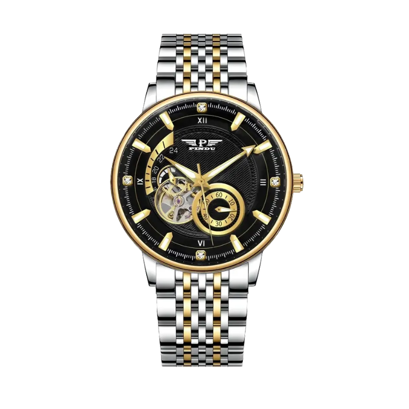 PINDU PD6593 tourbillon chronograph watch black dial with two-tone silver gold bracelet, front view