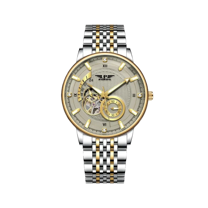 PINDU PD6593 tourbillon chronograph watch with champagne gold dial and two-tone silver gold bracelet, front
