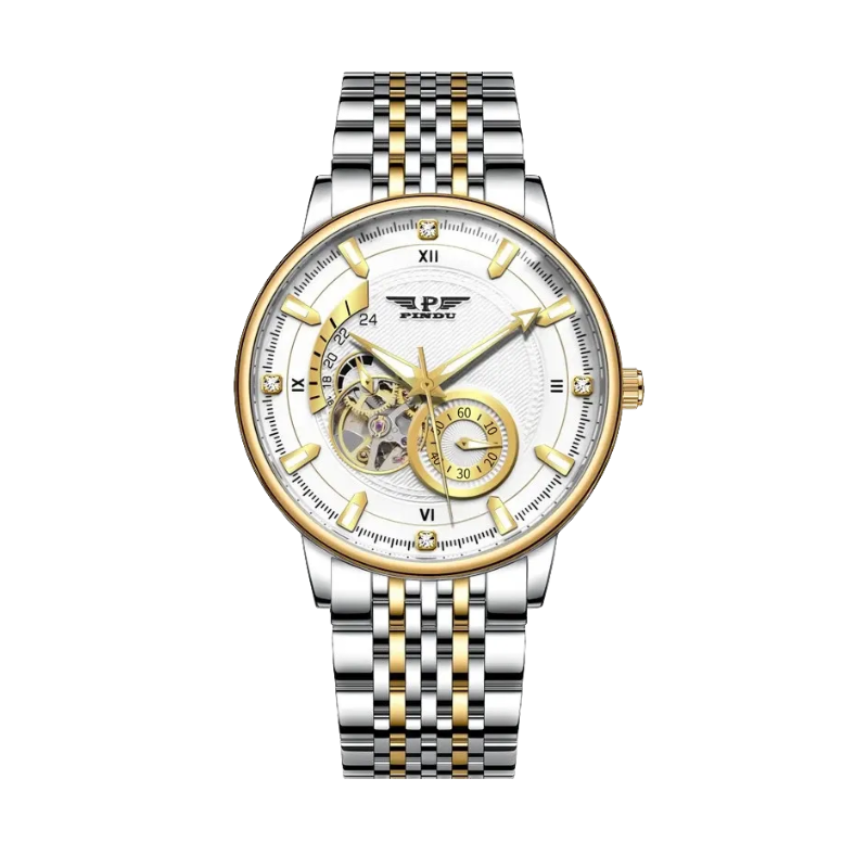 PINDU PD6593 tourbillon chronograph watch white dial with two-tone silver gold bracelet, front view