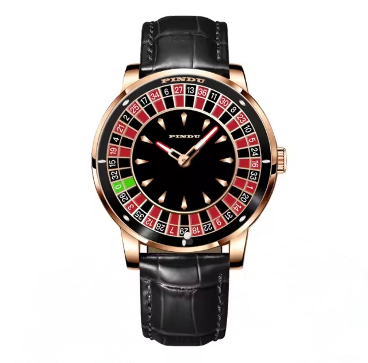 PINDU PD6617 front view, rose gold case and black leather strap with luminous baton hour markers
