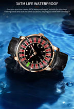 PINDU PD6617 3ATM water-resistance banner, rose gold roulette watch angled above rippling water