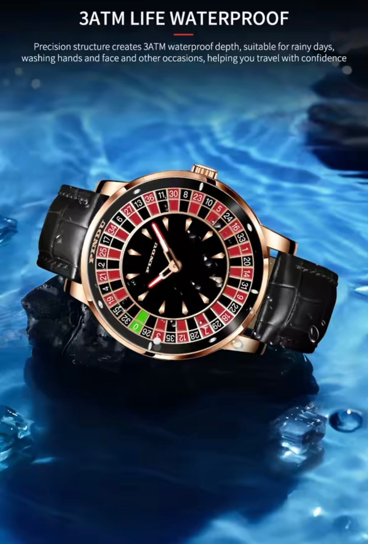 PINDU PD6617 3ATM water-resistance banner, rose gold roulette watch angled above rippling water
