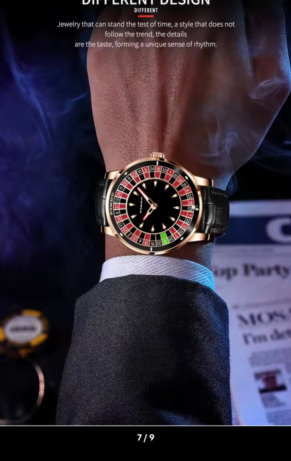 PINDU PD6617 on a suited wrist in smoky light, rose gold case, black leather strap, red accents