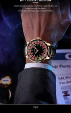 PINDU PD6617 on a suited wrist in smoky light, rose gold case, black leather strap, red accents