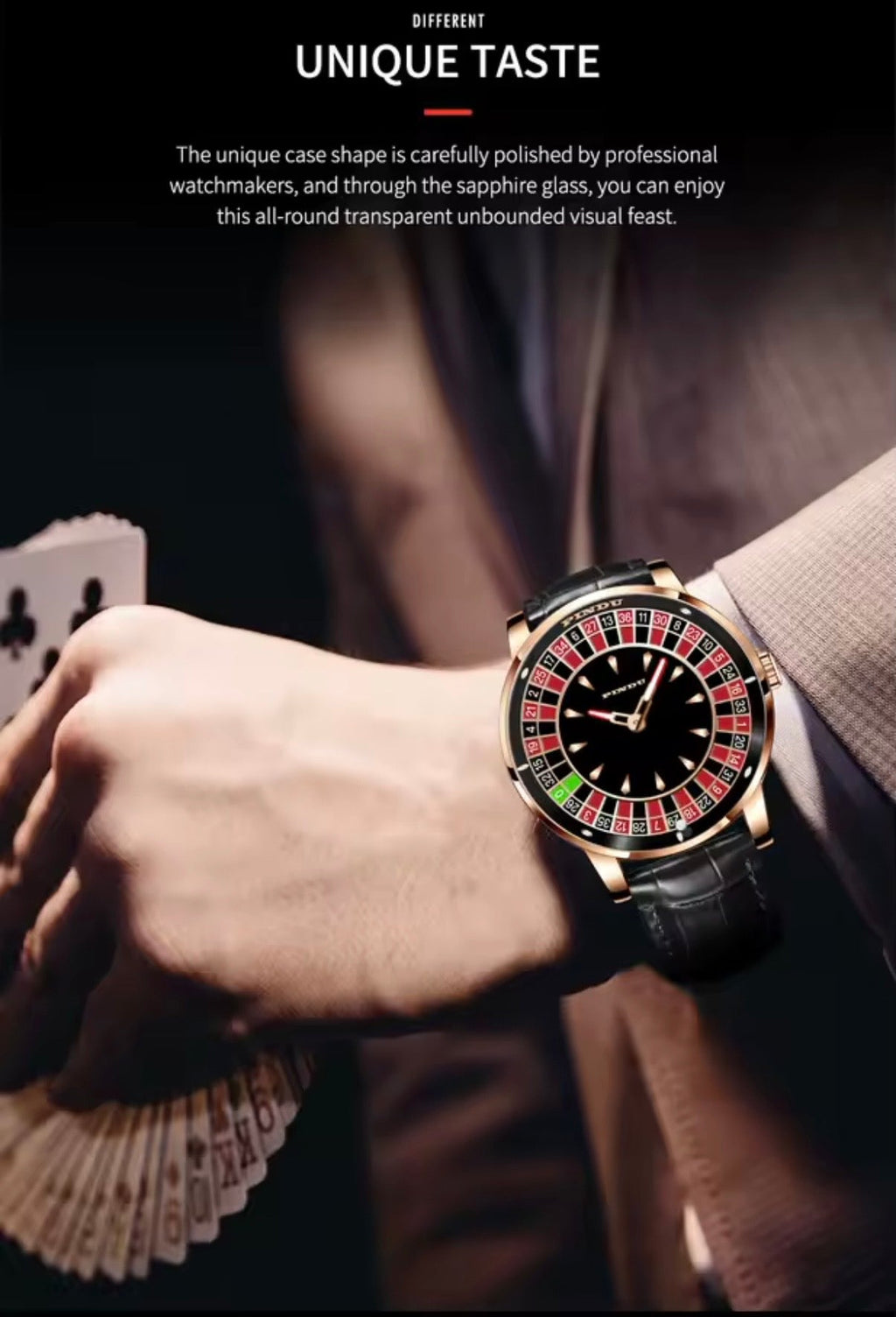 PINDU PD6617 lifestyle shot with a fan of playing cards, rose gold case on black leather strap