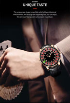 PINDU PD6617 lifestyle shot with a fan of playing cards, rose gold case on black leather strap