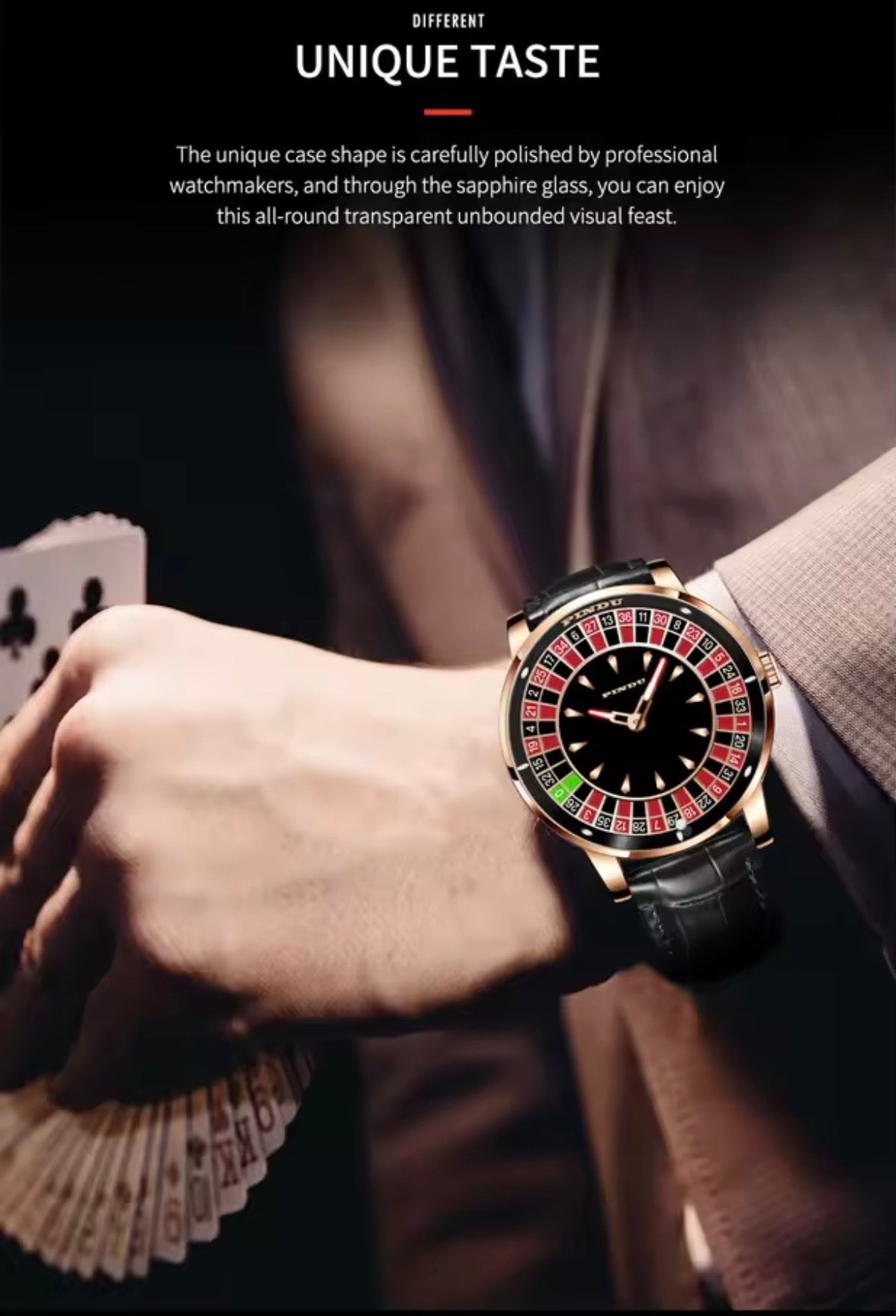 PINDU PD6617 lifestyle shot with a fan of playing cards, rose gold case on black leather strap