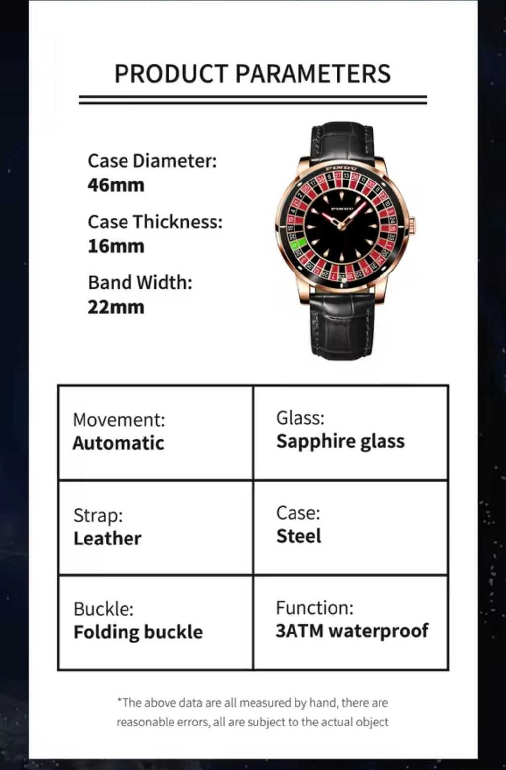 PINDU PD6617 specification panel: 46mm case, automatic movement, sapphire glass, 3ATM waterproof