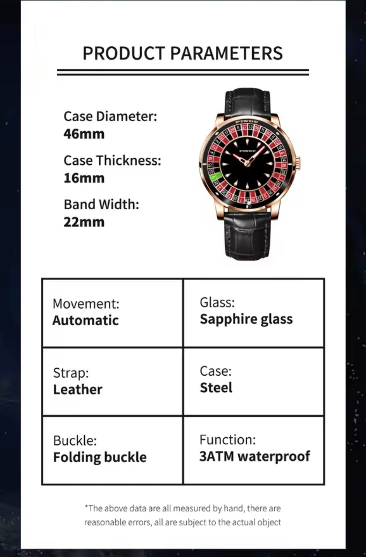 PINDU PD6617 specification panel: 46mm case, automatic movement, sapphire glass, 3ATM waterproof