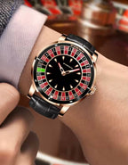 PINDU PD6617 worn on the wrist in a casino, rose gold case and black leather strap, black dial