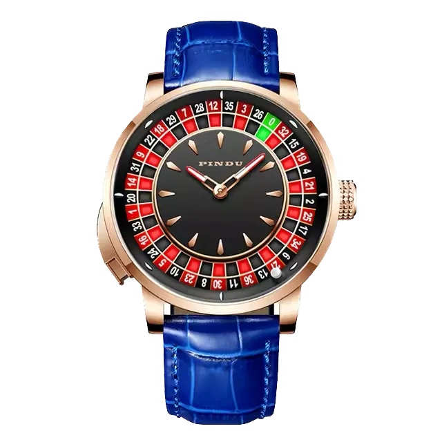 PINDU PD6617 black roulette dial in rose gold case on a blue leather strap, front view