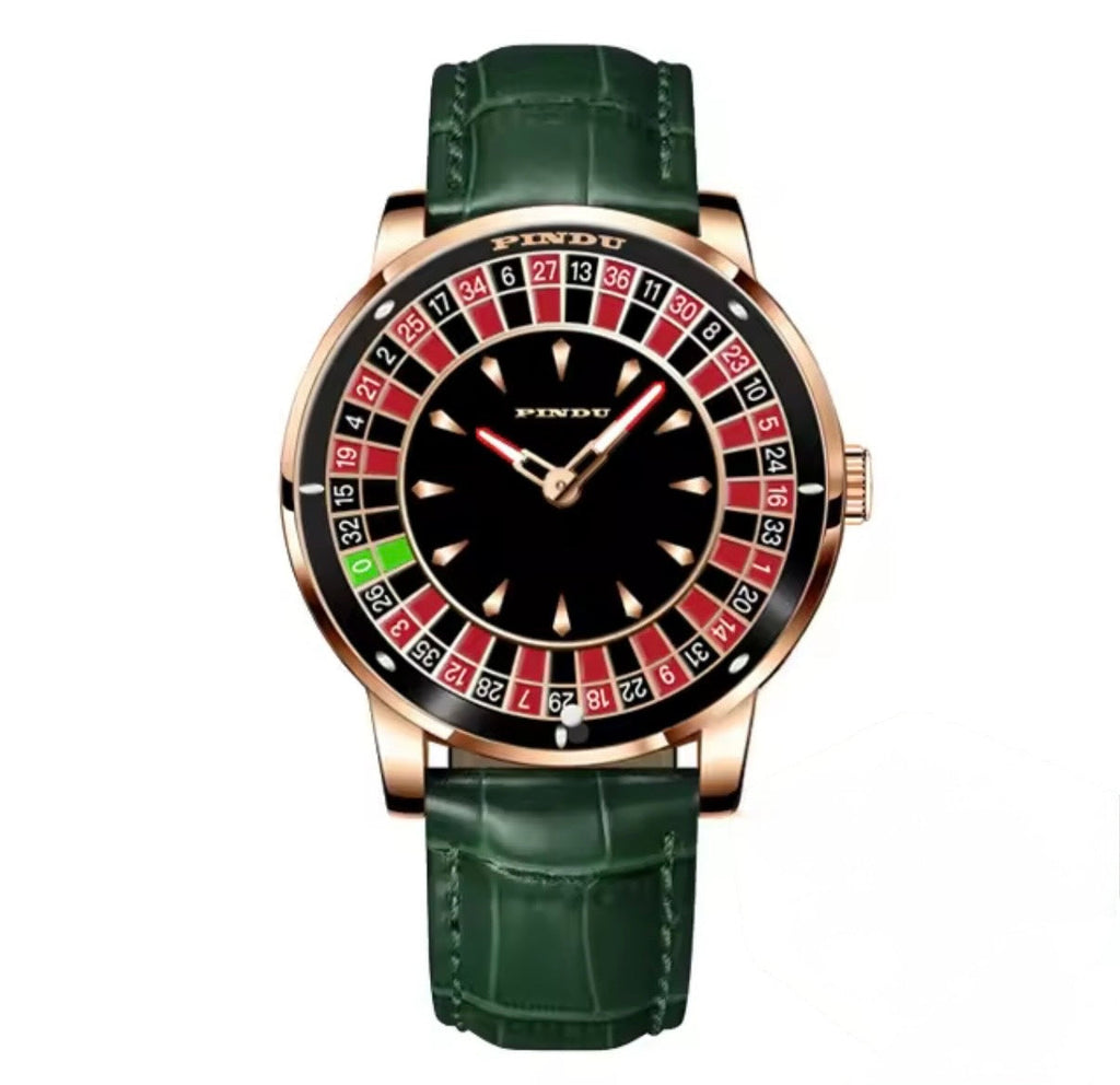 PINDU PD6617 rose gold case with green leather strap, front view of the red and black roulette dial