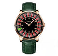 PINDU PD6617 rose gold case with green leather strap, front view of the red and black roulette dial