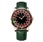 PINDU PD6617 rose gold case with green leather strap, front view of the red and black roulette dial