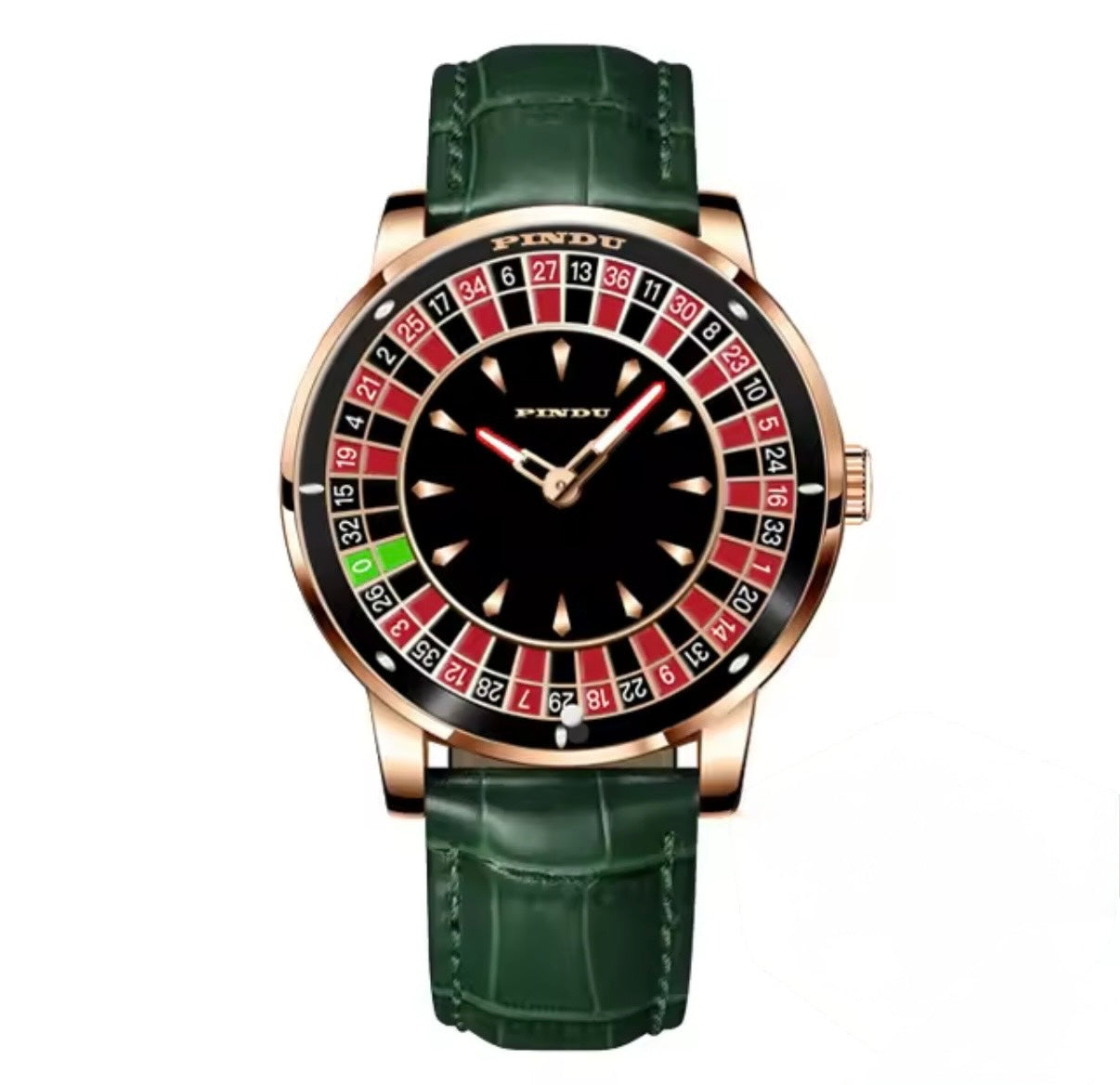 PINDU PD6617 rose gold case with green leather strap, front view of the red and black roulette dial