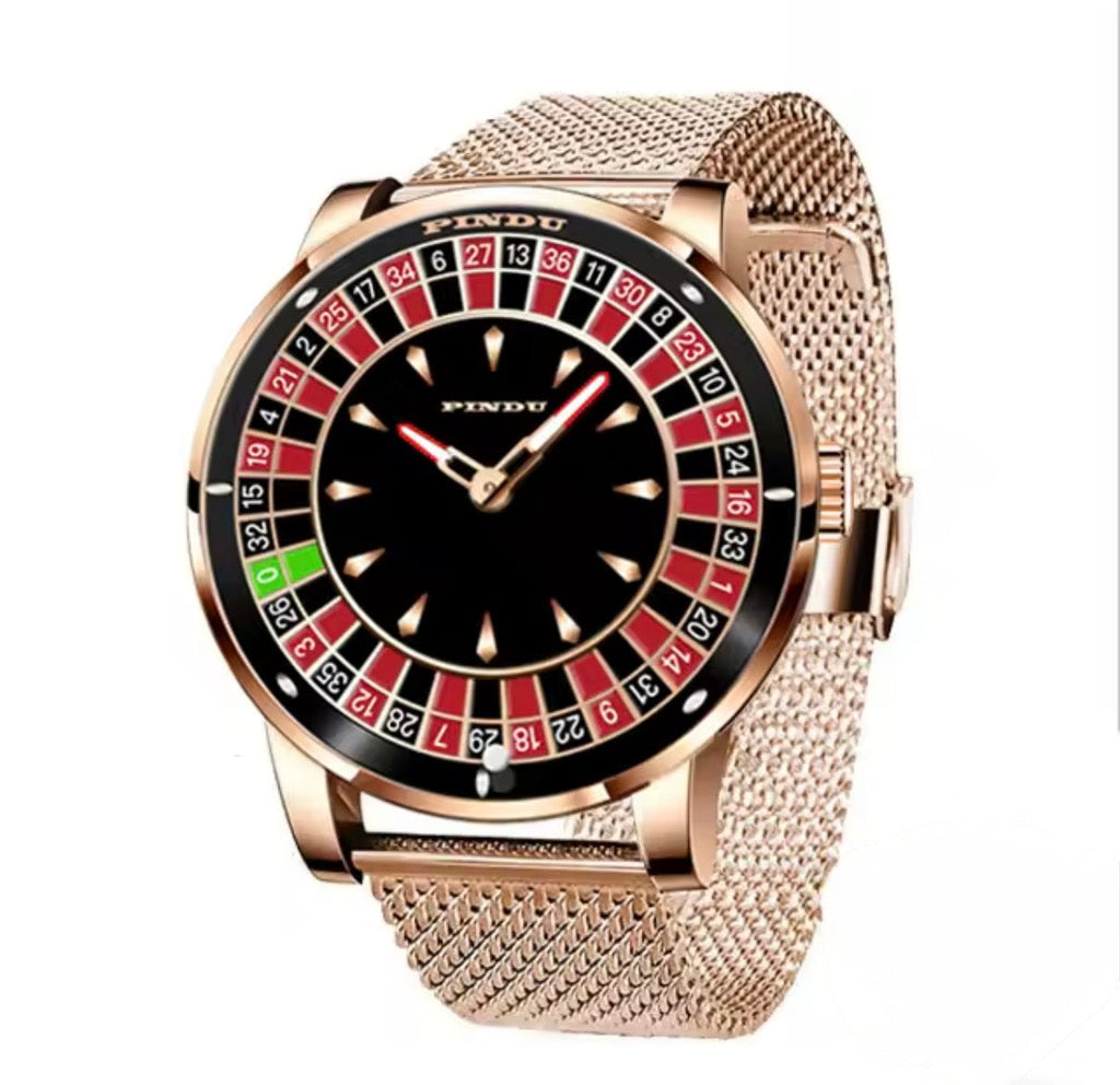 PINDU PD6617 rose gold roulette watch on matching mesh bracelet, angled to show the black dial