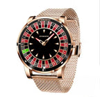 PINDU PD6617 rose gold roulette watch on matching mesh bracelet, angled to show the black dial